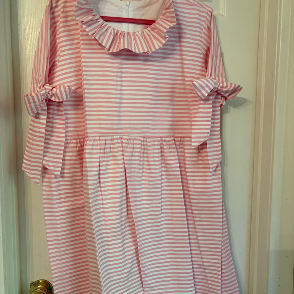 Elizabeth Wilson Designs Pink Striped Women’s Dress with Bow Short Sleeve 3XL